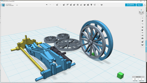 5602  -- wheels (blue) from the haubitz beside the 3-pounder cannon wheels (gray) I did before